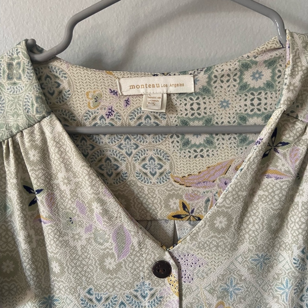 Monteau LA Green Pink Floral Summer Flowy Brown Buttoned Dress